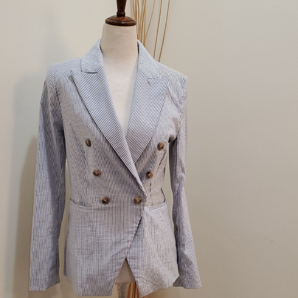 Joie Seersucker Blue and White  Blazer